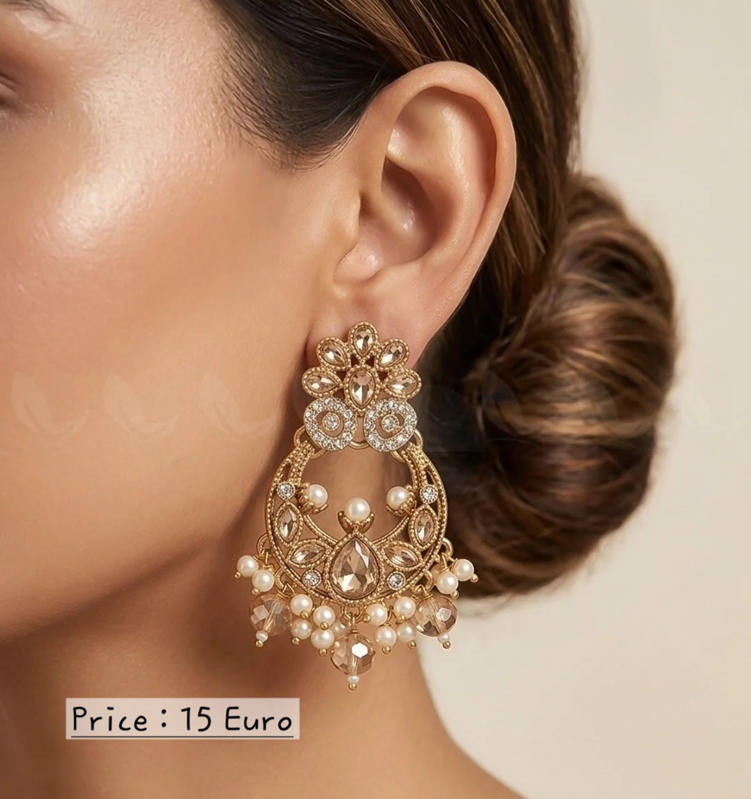 Moon Pearl Stone Chandbali Earrings